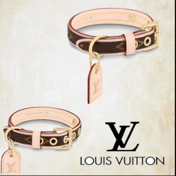 LOUIS VUITTON Brown Gold LV Monogram Canvas Baxter Tag 18" Dog Choker Collar NIB - Picture 3 of 16